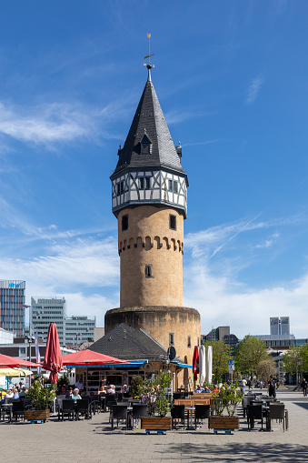 Frankfurt, Germany - April 6, 2024: former watchtower Bockenheimer Warte, a landmark of Frankfurt. Hesse, Germany