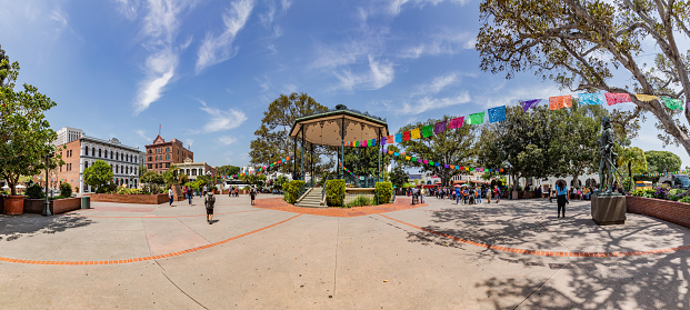 Los Angeles, USA - May 3, 2019: Mexican quarter in Los Angeles with historic pavillon near the olvera street, mexican people have festivals at the el Pueblo town square.