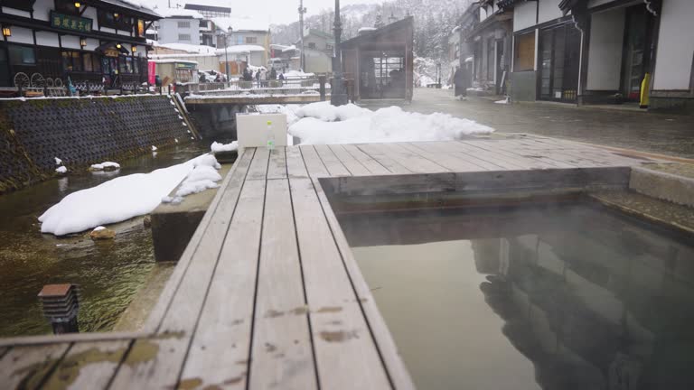 Foot Baths in Ginzan Onsen, Japanese Hot Spring Town in Winter, Yamagata