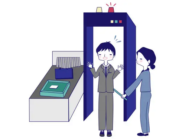 Vector illustration of The woman through the security check gate at the airport.