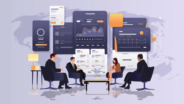 Vector illustration of people analyzing graphs and diagrams on digital screens financial security reliability stability growth fintech business investment