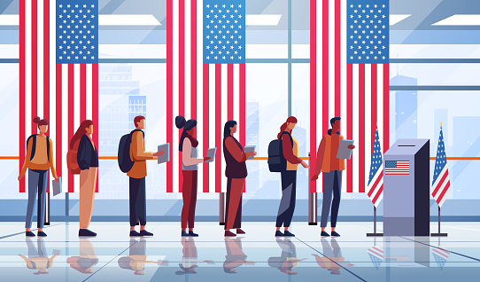 election day concept voters casting ballots at polling place during voting people holding paper ballots horizontal vector illustration