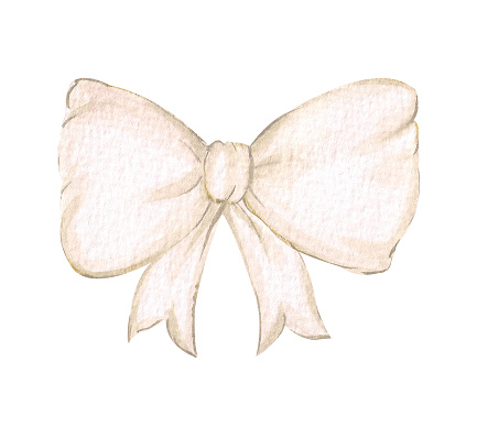 Watercolor white bow isolated on white background. Illustration of a cute bow for the design and decoration of greeting cards, invitations. Cream fabric bow.
