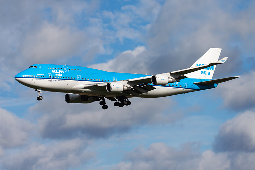 Amsterdam / Netherlands - August 14, 2014: KLM Royal Dutch Airlines Boeing 747-400 PH-BFY passenger plane arrival and landing at Amsterdam Schipol Airport
