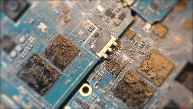 Close up melted circuit and microchip macro tracking shot