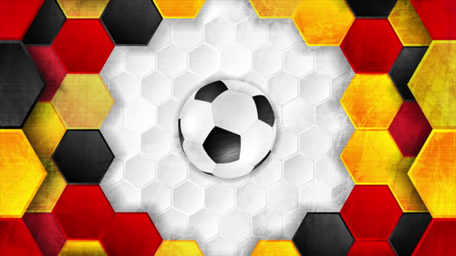 Football grunge polygonal motion background with soccer ball, German flag colors