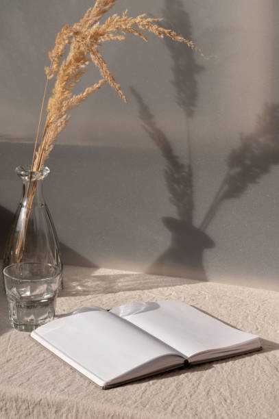 istock Open book and vase with dried grass on table with beige linen tablecloth, summer boho still life, aesthetic sustainable home interior in earthy colors 2147522361