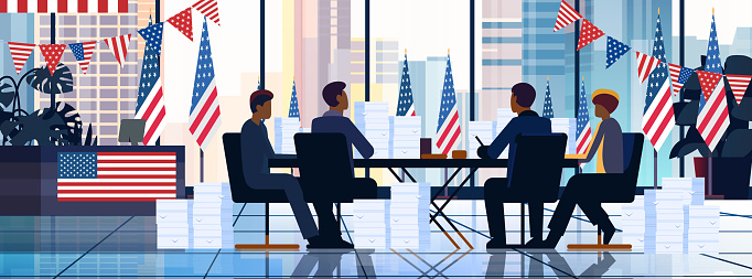 election day concept observers team counting results at round table modern office interior with USA flags horizontal vector illustration
