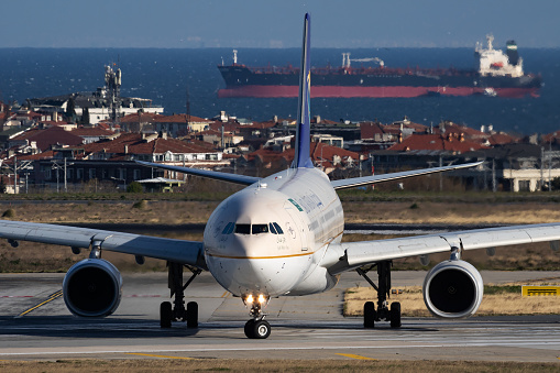 Istanbul / Turkey - March 28, 2019: Saudia Airbus A330-300 HZ-AQC passenger plane departure at Istanbul Ataturk Airport