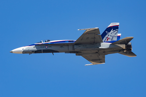 FAIRFORD / UNITED KINGDOM - JULY 11, 2018: Royal Canadian Air Force CF-18 Hornet 188776 fighter jet display at RIAT Royal International Air Tattoo 2018 airshow
