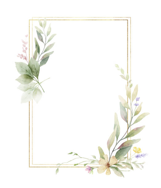 istock Watercolor vector delicate floral frame with golden geometric shape. Meadow flowers border. Design for wedding invitation, card, stationery, save the date, fashion.  Holiday decor.  Hand drawn illustration. 2147524478