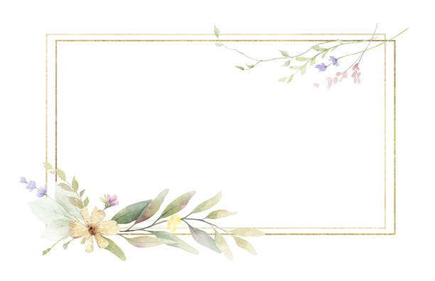 istock Watercolor vector delicate floral frame with golden geometric shape. Meadow flowers border. Design for wedding invitation, card, stationery, save the date, fashion.  Holiday decor.  Hand drawn illustration. 2147524485