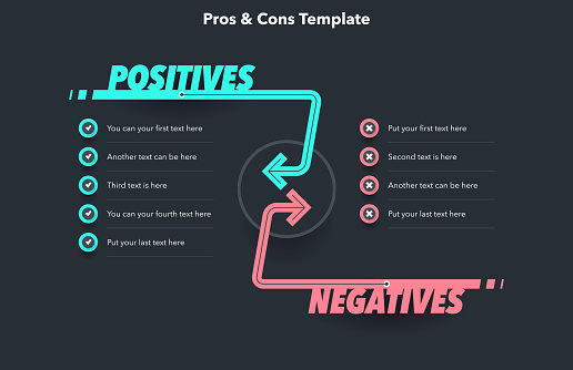 Pros and cons diagram with place for your content - dark version. Simple flat template for positive and negative comparison.