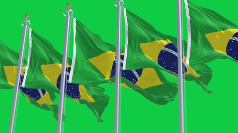 A group of Brazil national flags waving in the wind isolated on green background