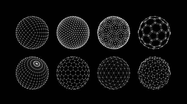 ilustraciones, imágenes clip art, dibujos animados e iconos de stock de 3d sphere mesh grid. ball or sphere in grid of line. - orbitar