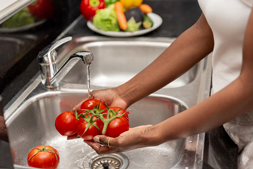 close up of Woman's hands Rinsing Ripe Tomatoes in Kitchen Sink