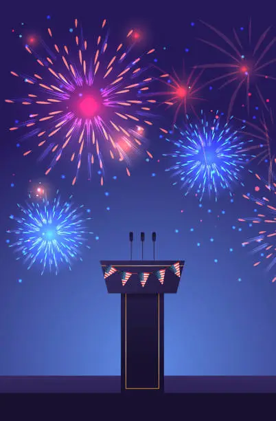Vector illustration of brightly colorful fireworks and stage stand or debate podium rostrum with microphones USA presidential election concept vertical
