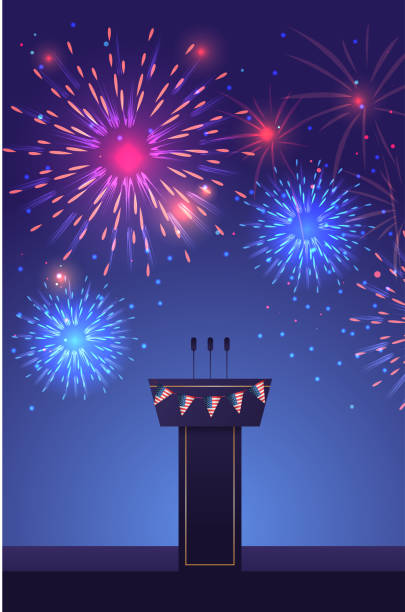 ilustrações, clipart, desenhos animados e ícones de fogos de artifício coloridos e palanque ou palanque de debate com microfones eua conceito de eleição presidencial vertical - vertical usa greeting washington dc