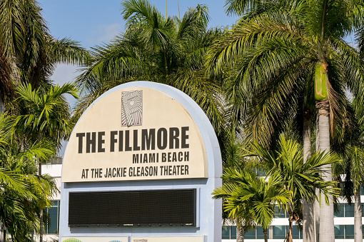 Miami, Florida, USA - 3 December 2023: Sign outside The Fillmore Miami Beach at the Jackie Gleason Theater in the city's South Beach area