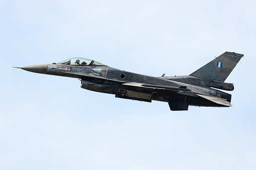 Radom, Poland - August 27, 2023: Hellenic Air Force Lockheed F-16 Fighting Falcon fighter jet plane flying. Aviation and military aircraft.