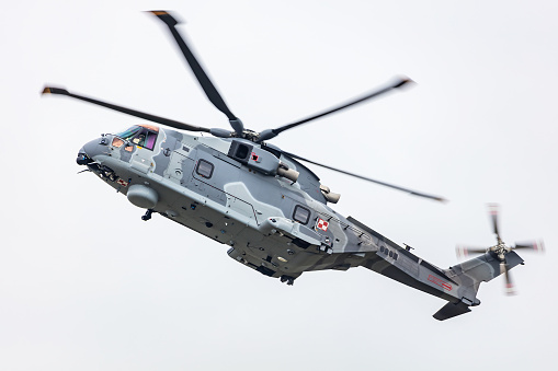 Radom, Poland - August 25, 2023: Polish Navy Leonardo AgustaWestland AW101 Merlin transport helicopter. Aviation and military rotorcraft.