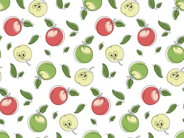 Vector illustration of Hand drawn apples whole and half seamless pattern