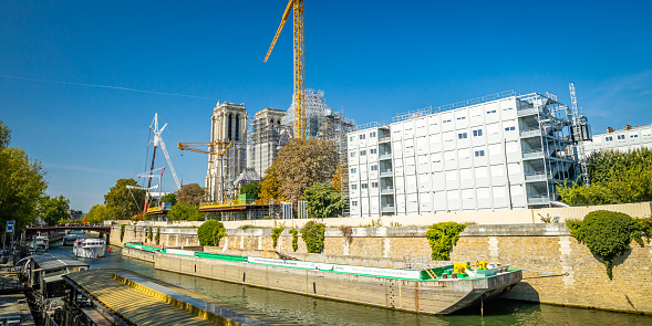 Paris, France - September 10, 2023 : Notre Dame cathedral under construction