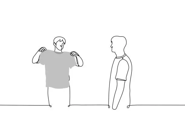 Vector illustration of standing man shows a t-shirt to another man - one line drawing vector. concept t shirt seller convinces customer to buy t shirt