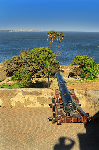 This famous tourist landmarks overlooks the sea. blue sky and coconut tree in fort diu. Guns Guarding historical vintage fort. built by Portuguese, located in Daman and Diu, India.