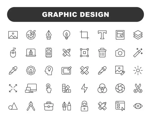 Vector illustration of Graphic Design and Creativity Line Icons. Editable Stroke. Contains such icons as Creativity, Layout, Mobile App Design, Art Tools, Drawing Tablet, Typography, Colour Palette.