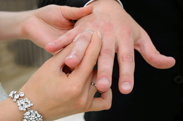 istock The bride puts on a ring for the groom in close-up 2147536590