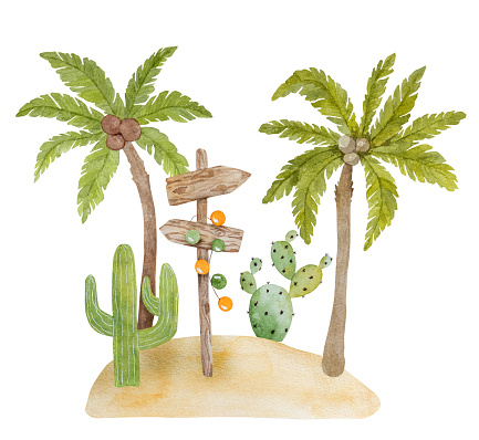 Hand-Drawn Image Of A Summer Illustration Featuring Sand, Palm Trees, Cactus, And A Wooden Sign Clipart On A White Background