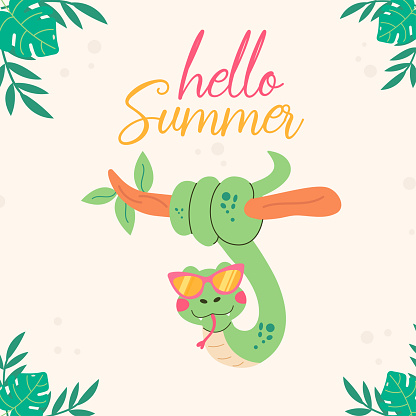 Hello summer background with snake character