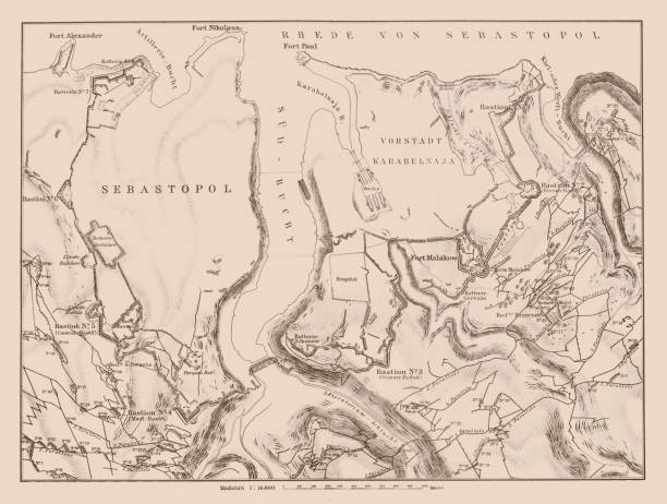 mapa działań ofensywnych i obronnych po południowej stronie sewastopola w czasie szturmu 8 września 1855 r. - 1855 stock illustrations