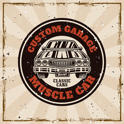 Muscle car vector emblem, label, badge or print in vintage style on background with grunge removable textures