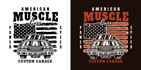 Muscle car vector emblem, label, badge or print in two styles colored and black on white background