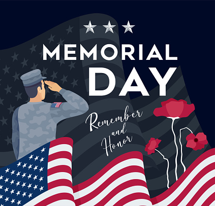 Memorial Day Celebration Poster. USA Memorial Day celebration. American National Day. Patriotic young soldier saluting.
