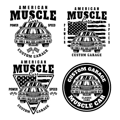 Muscle car set of vector emblems, labels, badges or prints in monochrome style isolated on white background