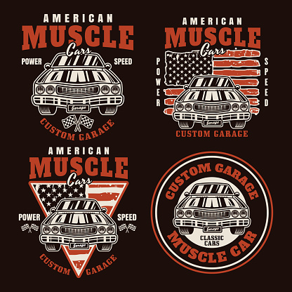 Muscle car set of vector emblems, labels, badges or prints in vintage style on dark background