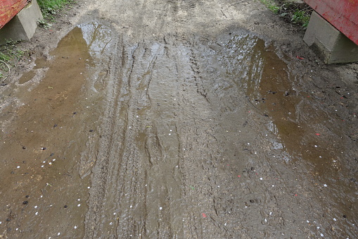 Muddy, waterlogged dirt road   Motorcycle wheel tracks