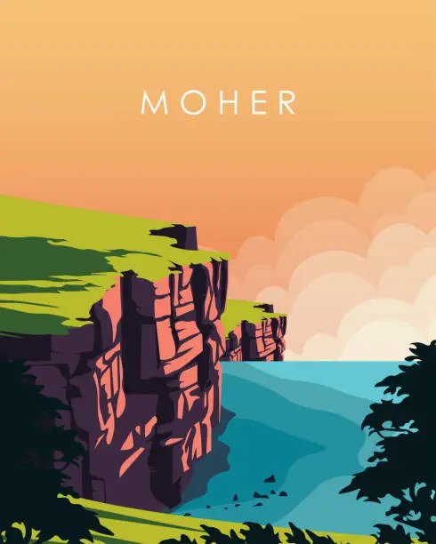 Vector illustration of Moher cliff Ireland travel poster