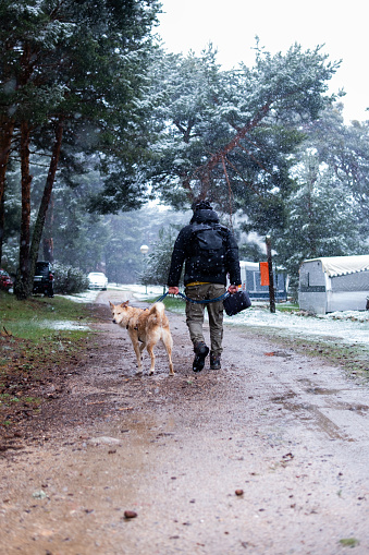 Young man in black coat, hat, gloves, hiking with dog in snowy Guadarrama, Madrid.