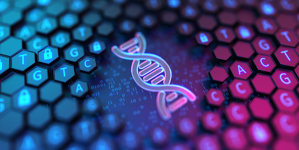 Hexagon shell with sequencing ATGC and glowing DNA sign. Double helix structure. Nucleic acid sequence. Genetic research. Transformation of genome code into digital form. 3d illustration.