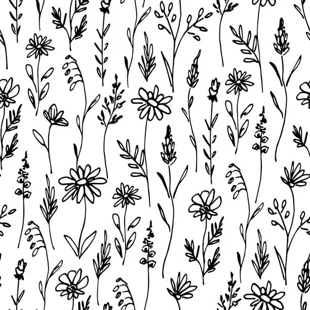 Vector illustration of Simple floral black and white vector seamless pattern. Wild flowers, field herbs. For fabric prints, packaging.