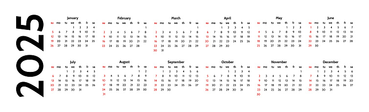 Horizontal calendar for 2025 isolated on a white background. Sunday to Monday, business template. Vector illustration
