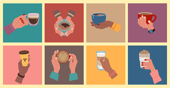 Set of different hands holding a cups of coffee, espresso or cappuccino. Morning hot drink. Coffee break. Hand drawn vector illustration isolated on colored background, modern flat cartoon style.