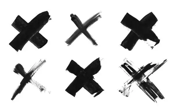 Vector illustration of Abstract illustration with six x marks - unevenly painted cross icons - uneven dirty black lines painted by acrylic paint on white paper background - isolated single objects created in vector - original stock illustration