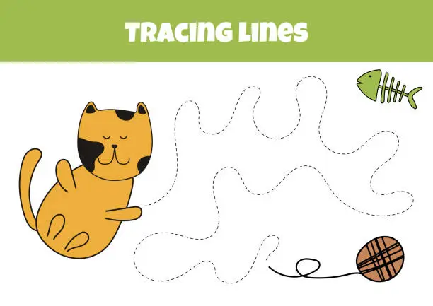 Vector illustration of Draw A Line From Cat To Ball Of Yarn