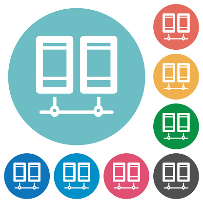 Network servers outline flat white icons on round color backgrounds