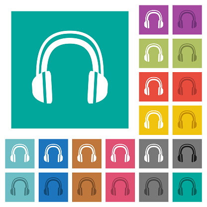 Headphones multi colored flat icons on plain square backgrounds. Included white and darker icon variations for hover or active effects.